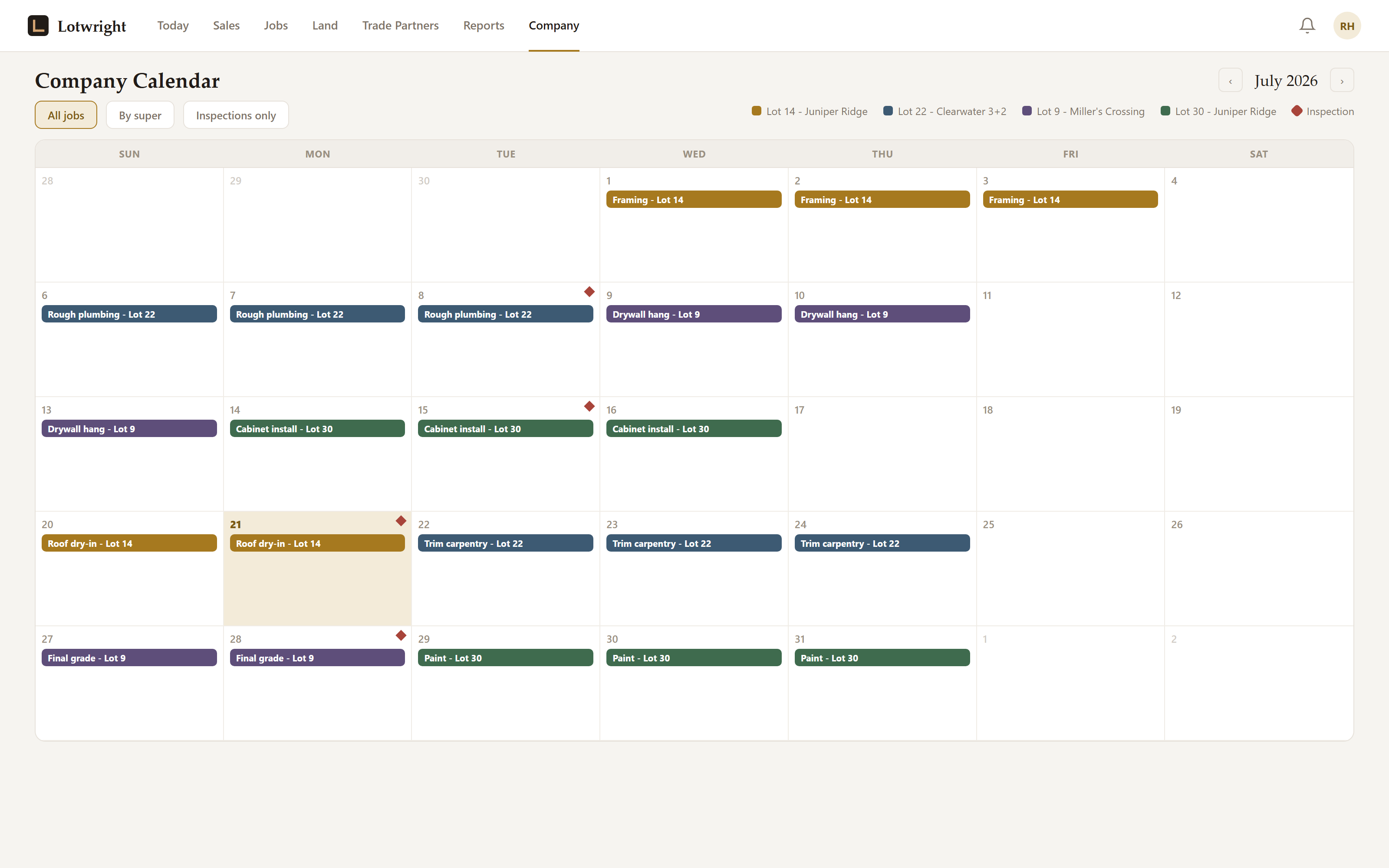 Company calendar showing every active job's schedule, with a per-super filtered view