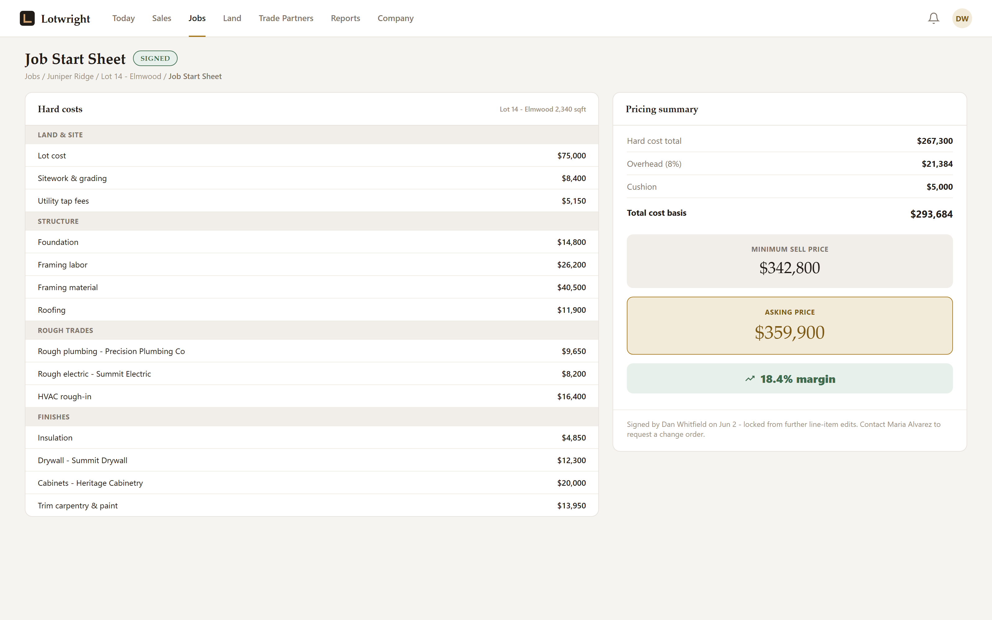 Job Start Sheet showing line-item pricing with minimum sell price and margin floor enforced