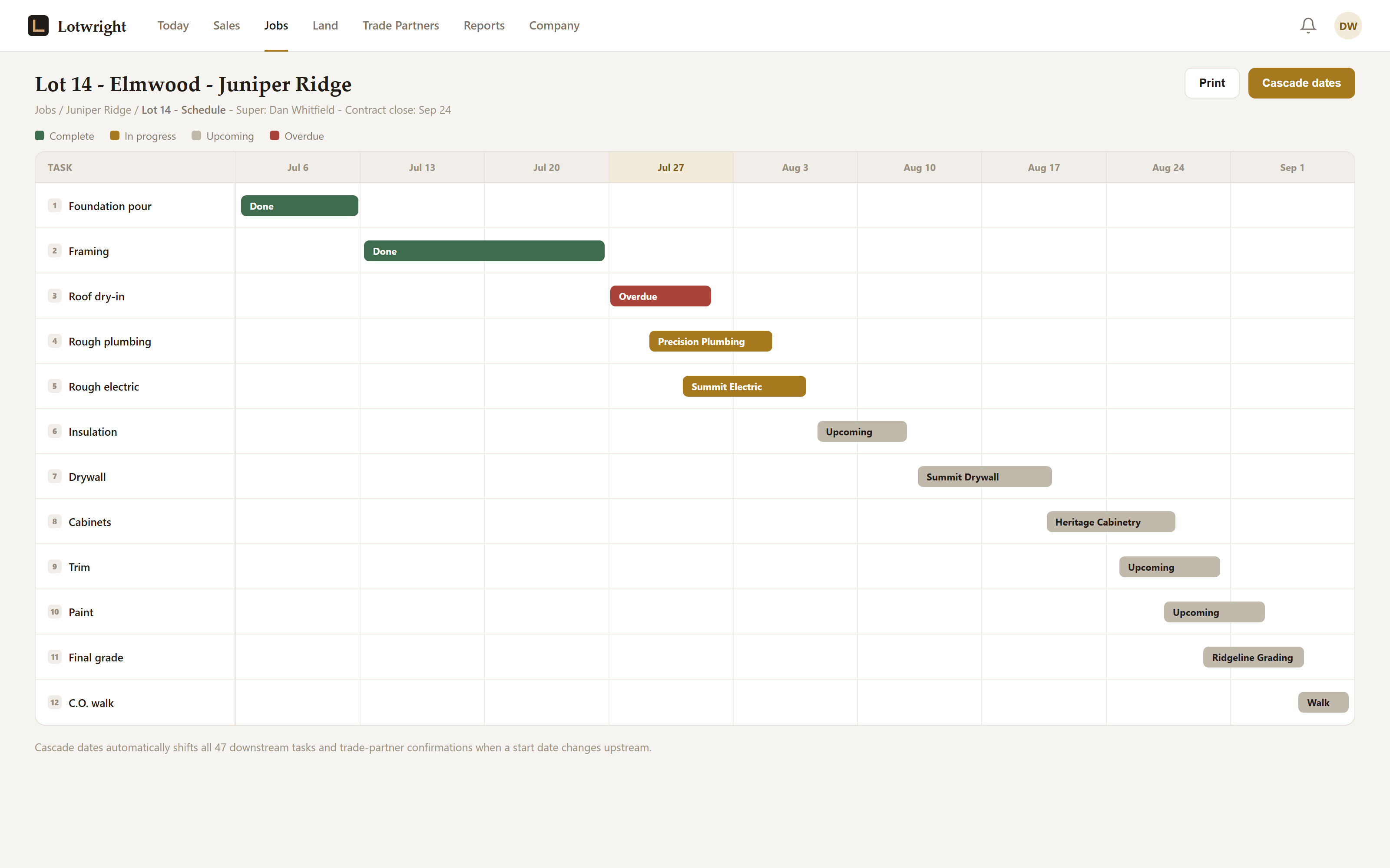 Schedule view showing phase bars with dependency cascade after an anchor date change