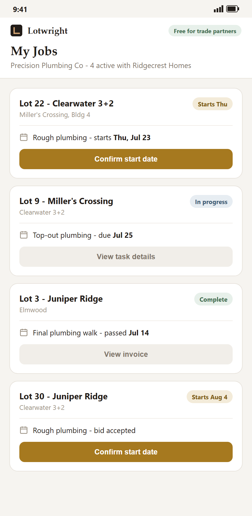Trade partner My Jobs view for Precision Plumbing Co showing four jobs with Ridgecrest Homes, each with a Confirm start date or View invoice action, marked Free for trade partners