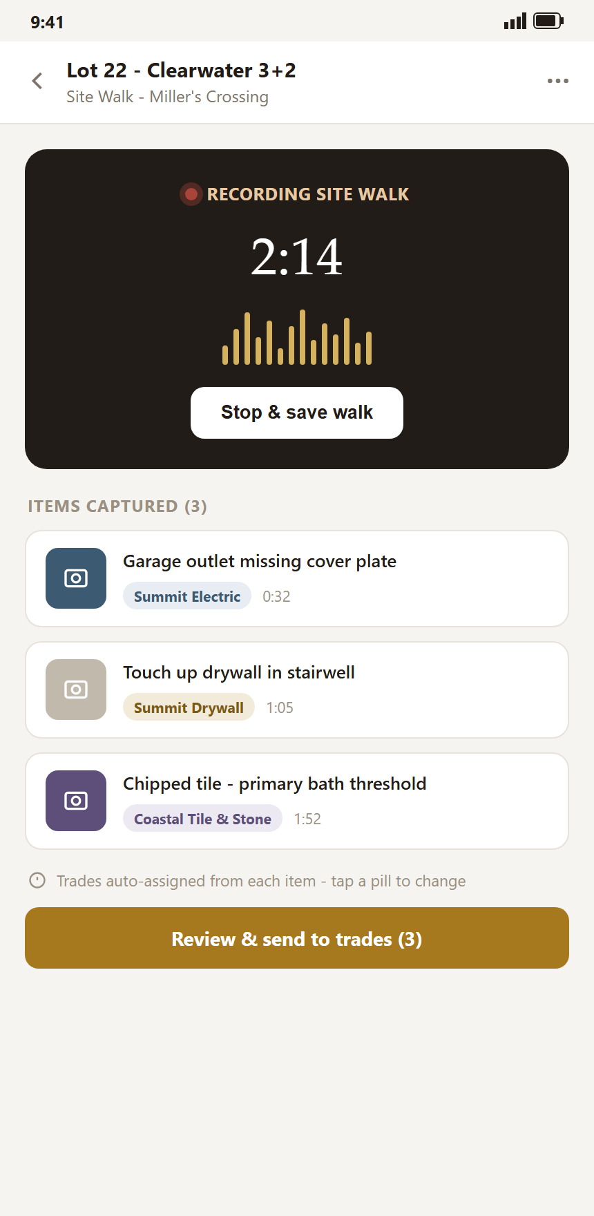 Mobile voice walk screen recording an observation that becomes a structured punch item